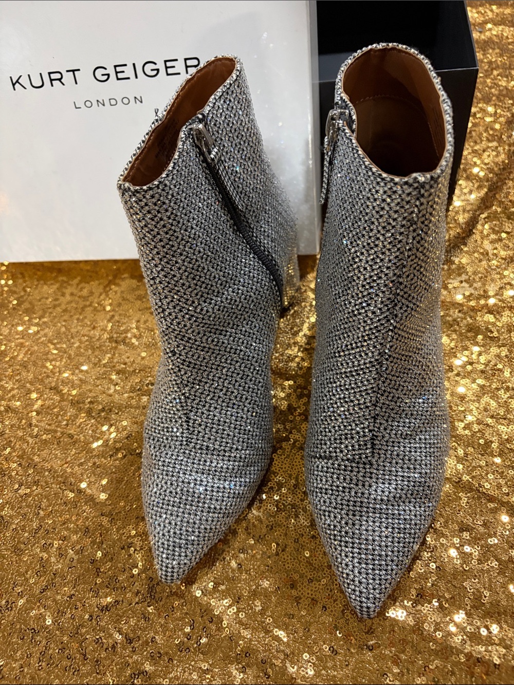 Kurt Geiger Silver Crystal Pointed Toe Ankle Booties